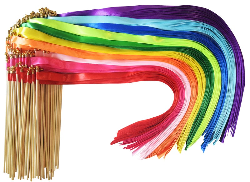 Kingsnow 100 Pieces Multi-Color Ribbon Wands Streamers Sticks with Gold Bell  Chromatic Silk Wish Wands Fairy Stick Party Rhythm Ribbon Streamers for Wedding Send Off Bridal Shower Party Photo Props - Image 1